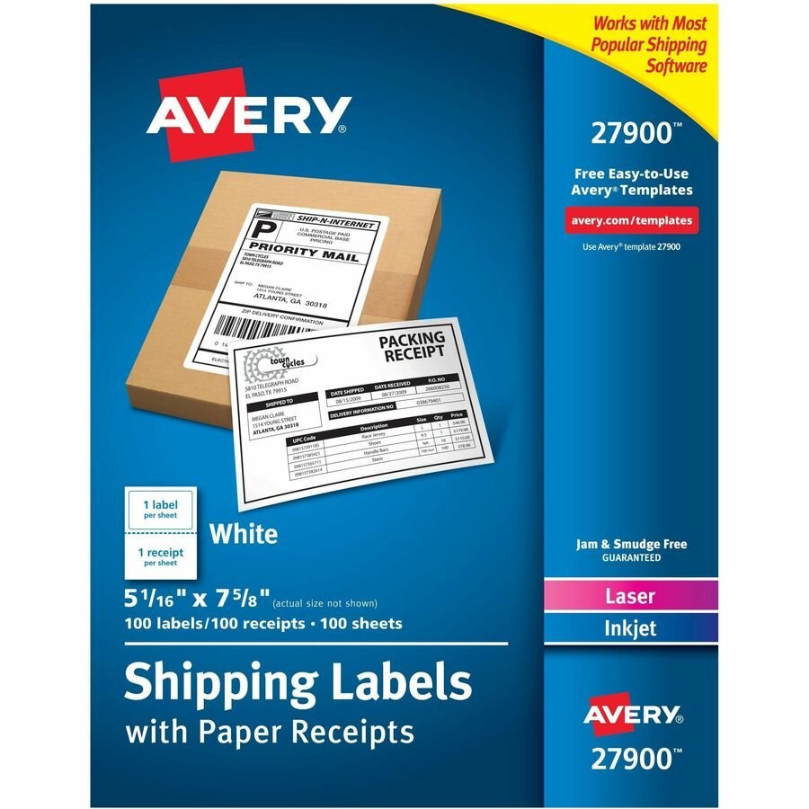Avery&reg; Shipping Labels Paper Receipts, Permanent Adhesive, 5-1/16" x 7-5/8" , 100 Labels (27900)
