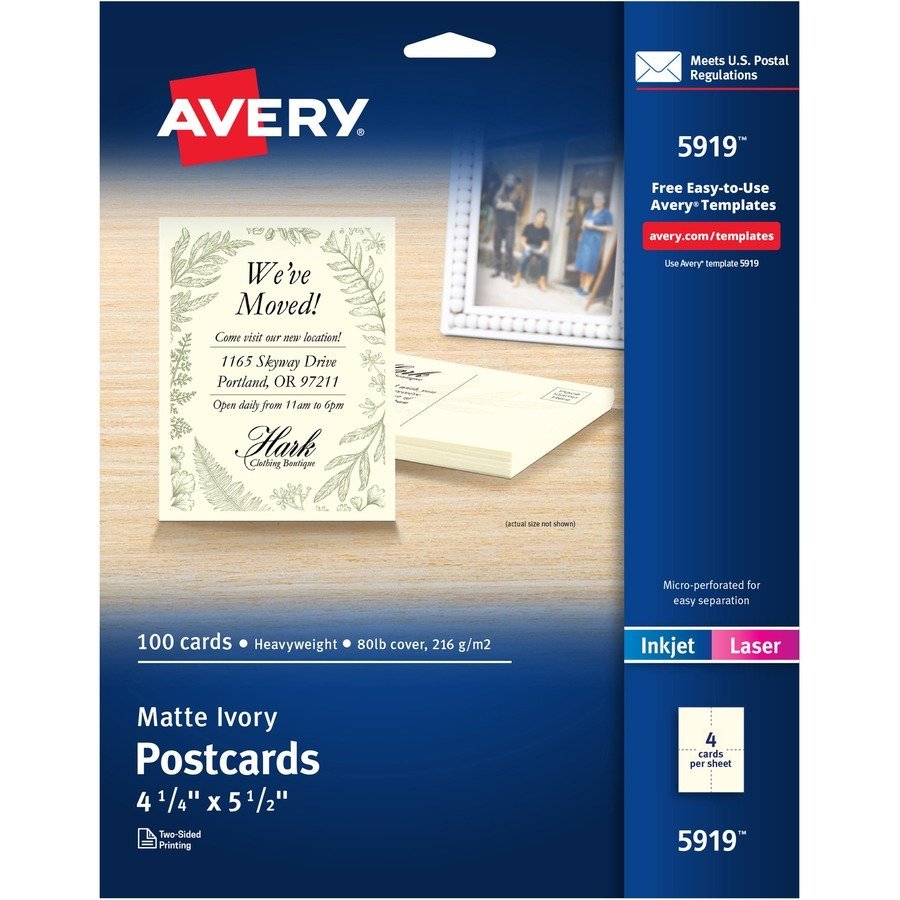 Avery&reg; Postcards, Ivory, Two-Sided, 4-1/4" x 5-1/2" , 100 Cards (5919)